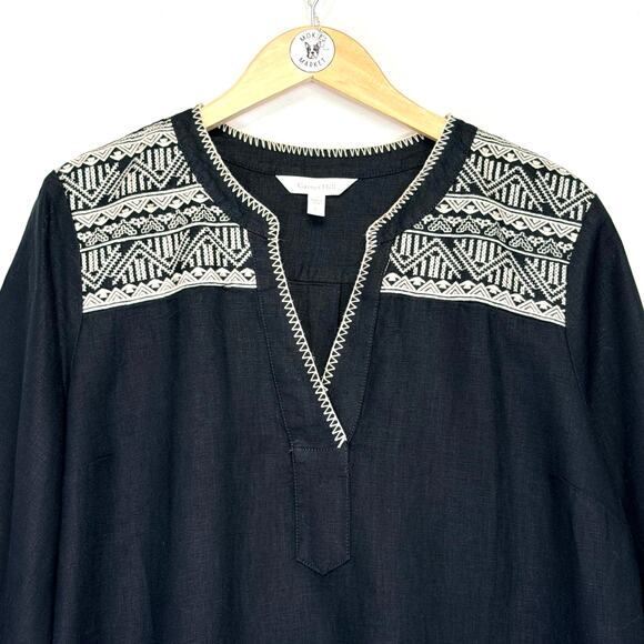 Garnet Hill Artist Smock Dress Womens L Black Linen Embroidered Boho Pockets - Picture 4 of 11